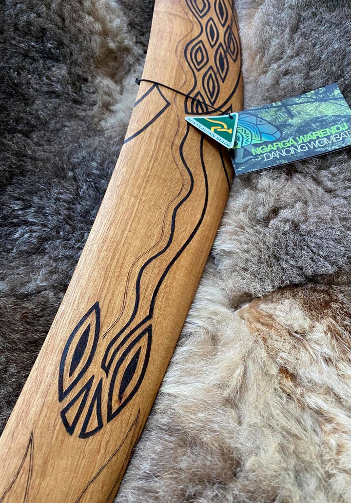 X-Large Barebin Buk the Turtle Wangim / Boomerang. Hand Crafted in Australia by Ngarga Warendj. All our wangim are made from timber collected from tree roots or branches that have a natural bend. All designs are based on traditional symbols from South East Australia