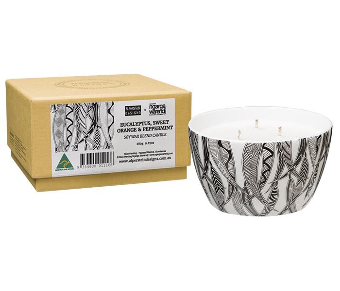 NGARGA WARENDJ DANCING WOMBAT EUCALYPTUS, SWEET ORANGE & PEPPERMINT 3 CANDLE BONE CHINA BOWL ALL OVER GUM LEAVES DESIGN