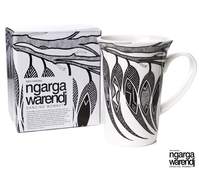 NGARGA WARENDJ DANCING WOMBAT BONE CHINA FLUTED MUG with GUM LEAVES-Ngarga Warendj