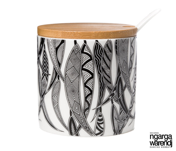 NGARGA WARENDJ DANCING WOMBAT SUGAR BOWL - MANY GUM LEAVES DESIGN-Ngarga Warendj