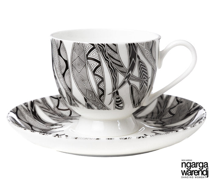 NGARGA WARENDJ DANCING WOMBAT TEA CUP AND SAUCER - MANY GUM LEAVES DESIGN-Ngarga Warendj