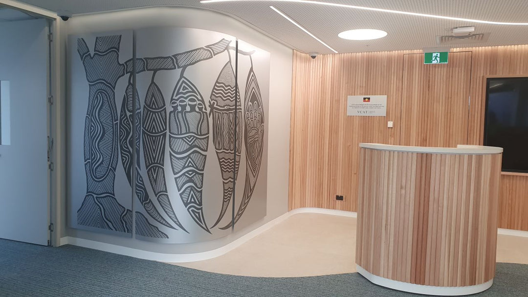 Mick Harding created this artwork for VCAT ( Victorian Civil and Administrative Tribunal ) in Frankston  Buk Nugal-Nganjin Ngalbina Bagiin Ngalbina ;  Our Peoples Rights Human Rights
