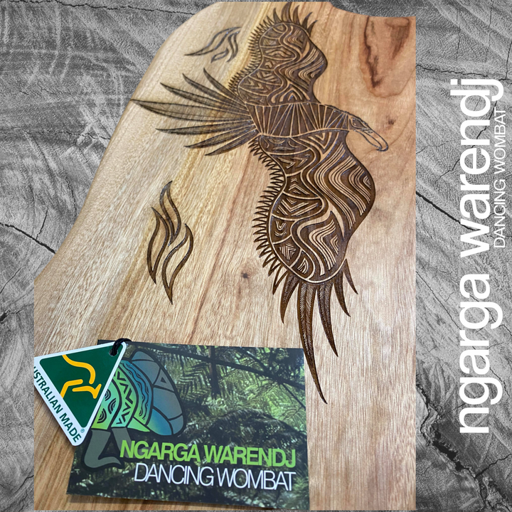 CAMPHOR LAUREL & REDGUM BOARD WITH ONE HANDLE - BUNJIL THE WEDGE TAILED EAGLE & WAA THE CROW DESIGN