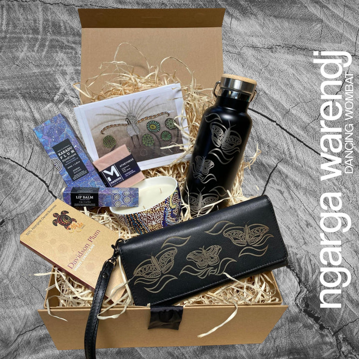 Ngarga Warendj Butterflies Gift Box Hamper - 3 PACK OPTIONS - SS Black Bottle, Candle, Ladies Purse, Lip Balm, Hand Cream, Soap, Chocolate & Card.