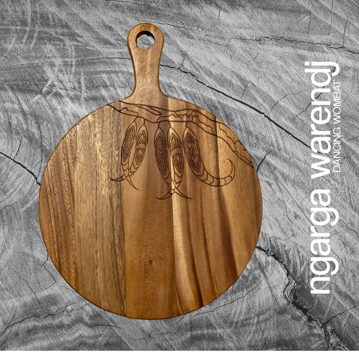 ACACIA WOOD ROUND PADDLE BOARD with HOLE IN HANDLE - ASSORTED DESIGNS