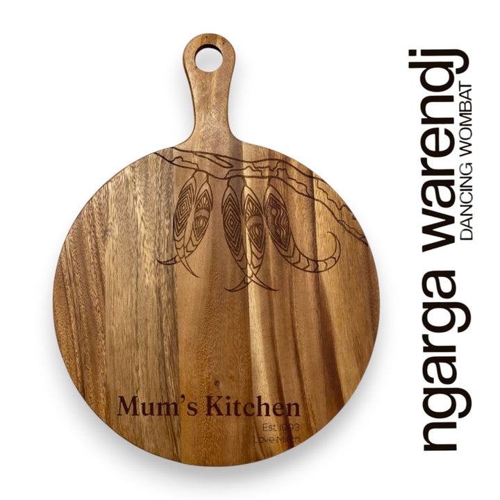 ACACIA WOOD ROUND PADDLE BOARD with HOLE IN HANDLE - ASSORTED DESIGNS