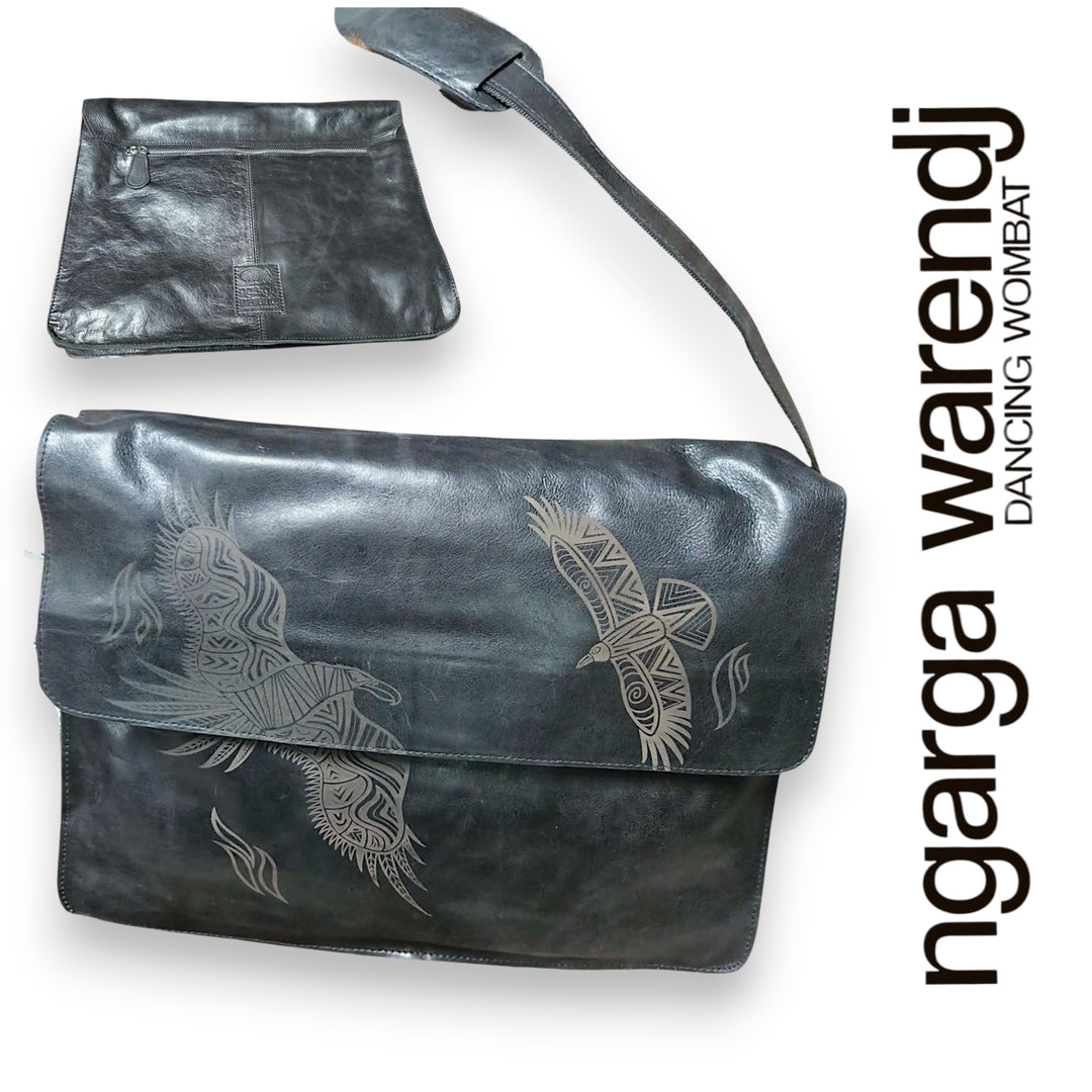 Black leather bag with bird designs and matching pouch on a white background, featuring 'ngarga warendj' branding.