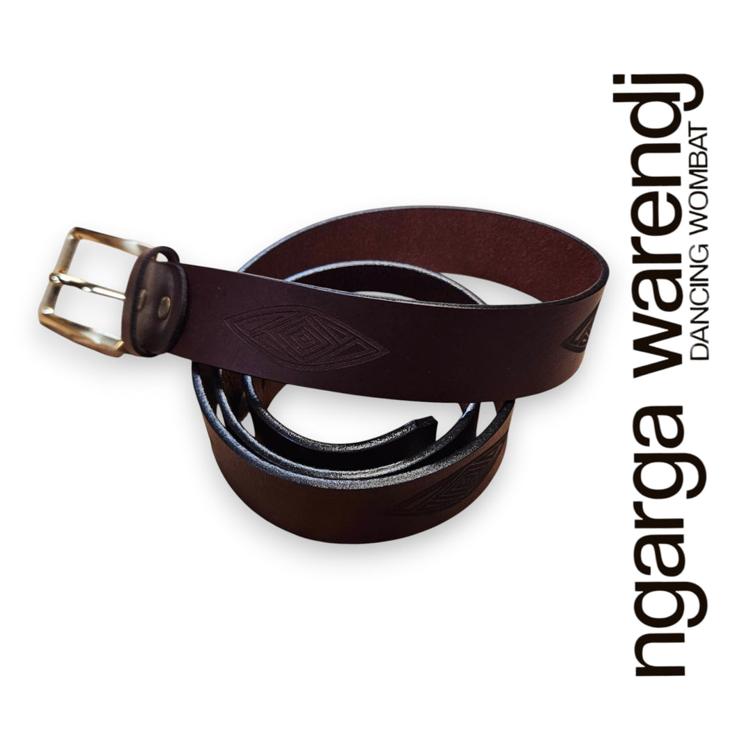 Brown belt with a silver buckle on a white background, featuring the brand 'ngarga warendj'.