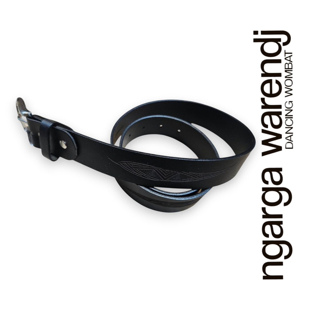 Black leather strap with embossed design on a white background, featuring the brand 'ngarga warendj'.
