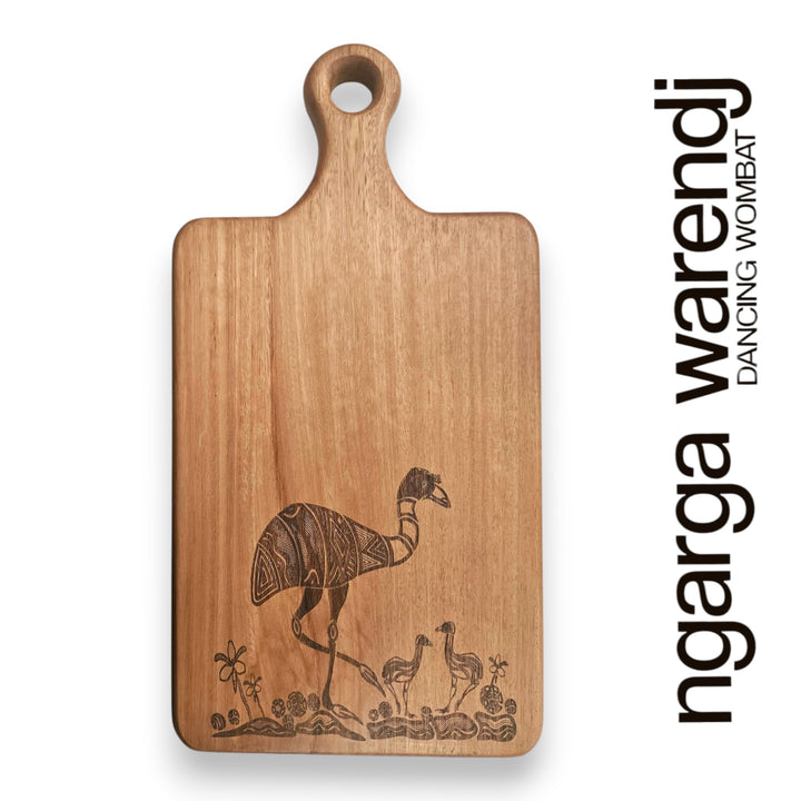 Wooden cutting board with engraved design of a emu and text 'ngarga warendj' on a white background