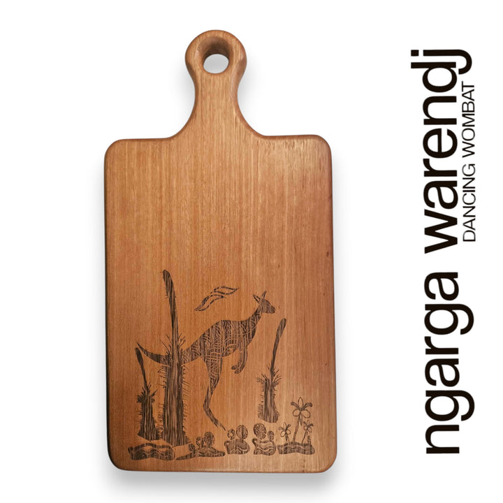 Wooden cutting board with engraved design of a kangaroo, branded 'ngarga warendj'.