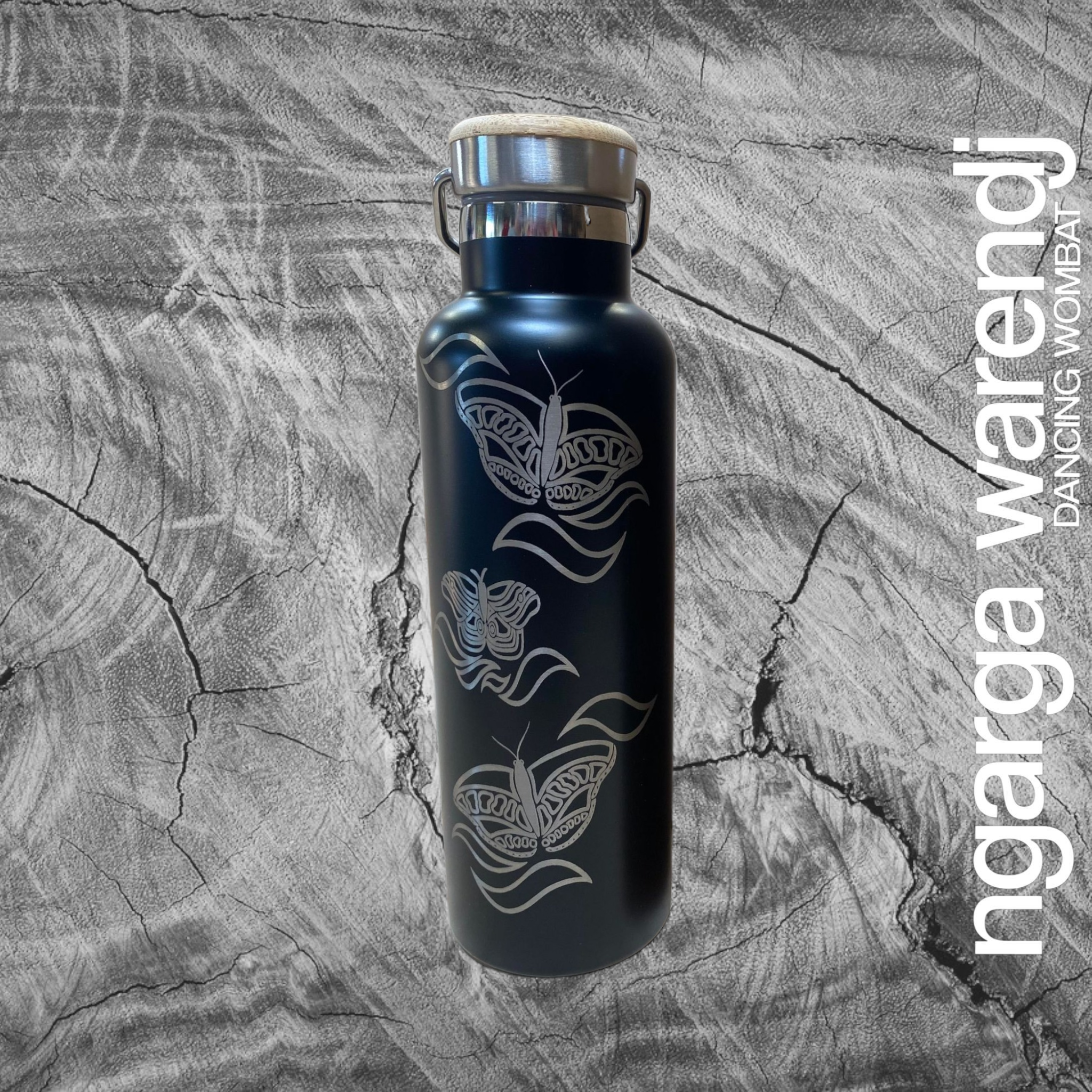 BALAM BALAM BUTTERFLIES DESIGN - BLACK  OR WHITE 750ML DOUBLE WALLED INSULATED STAINLESS STEEL BOTTLE