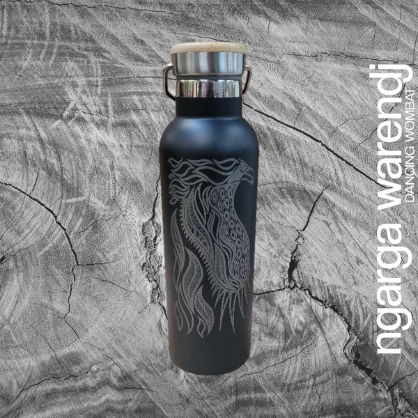 BUNJIL WEDGE TAILED EAGLE DESIGN - BLACK OR WHITE 750ML DOUBLE WALLED INSULATED STAINLESS STEEL BOTTLE