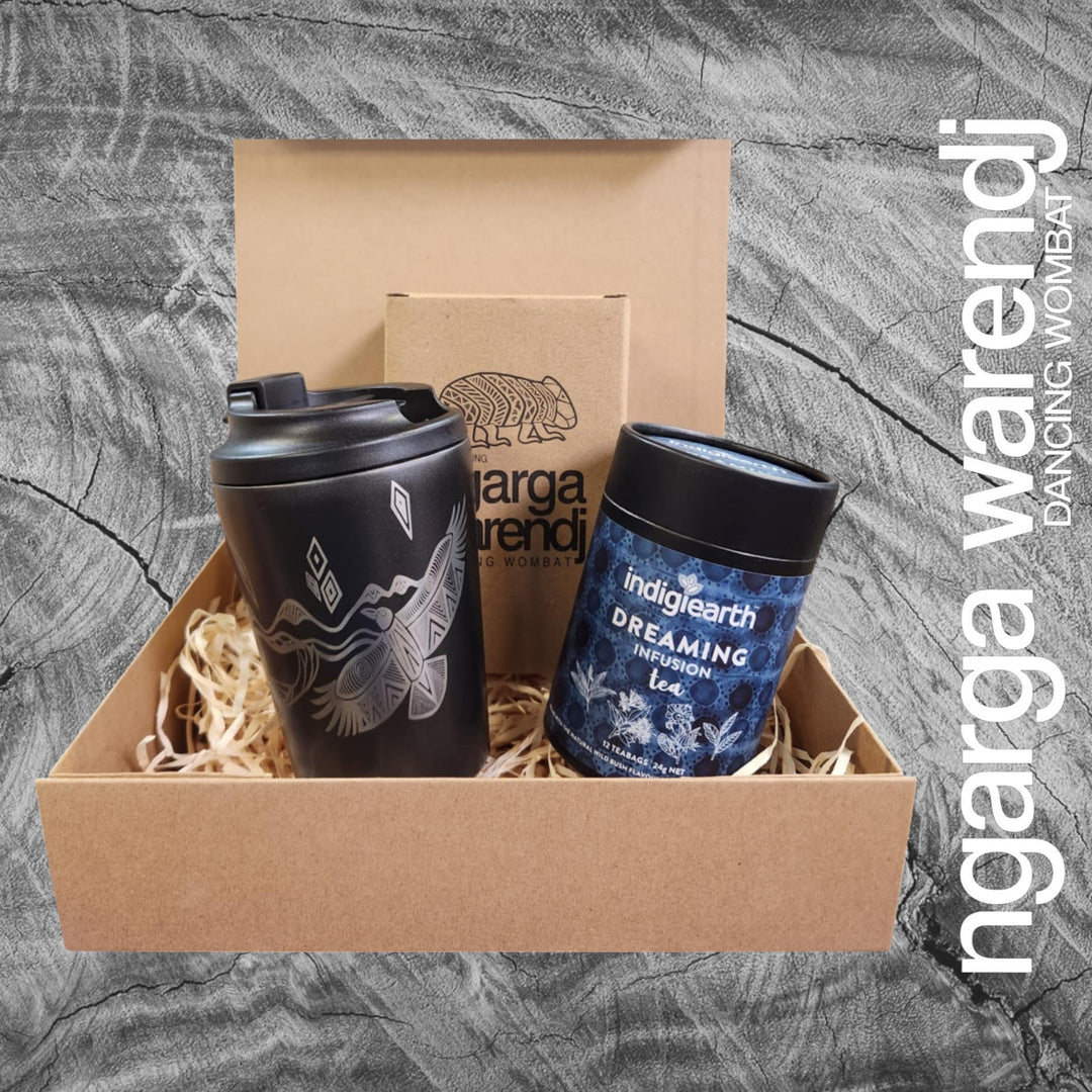 Ngarga Warendj Gift Box Indigiearth Tea and Bunjil and Waa Stainless Steel Keep Cup Hamper Pack