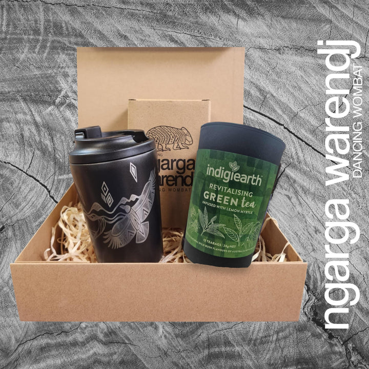 Ngarga Warendj Gift Box Indigiearth Tea and Bunjil and Waa Stainless Steel Keep Cup Hamper Pack