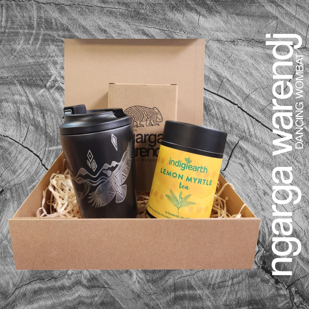 Ngarga Warendj Gift Box Indigiearth Tea and Bunjil and Waa Stainless Steel Keep Cup Hamper Pack