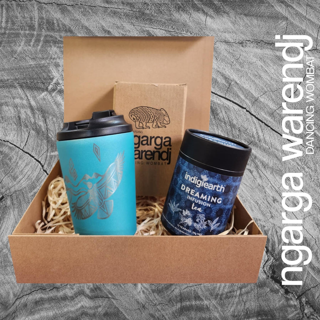 Ngarga Warendj Gift Box Indigiearth Tea and Bunjil and Waa Stainless Steel Keep Cup Hamper Pack