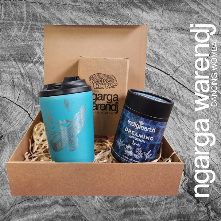 Ngarga Warendj Gift Box Indigiearth Tea and Bunjil and Waa Stainless Steel Keep Cup Hamper Pack