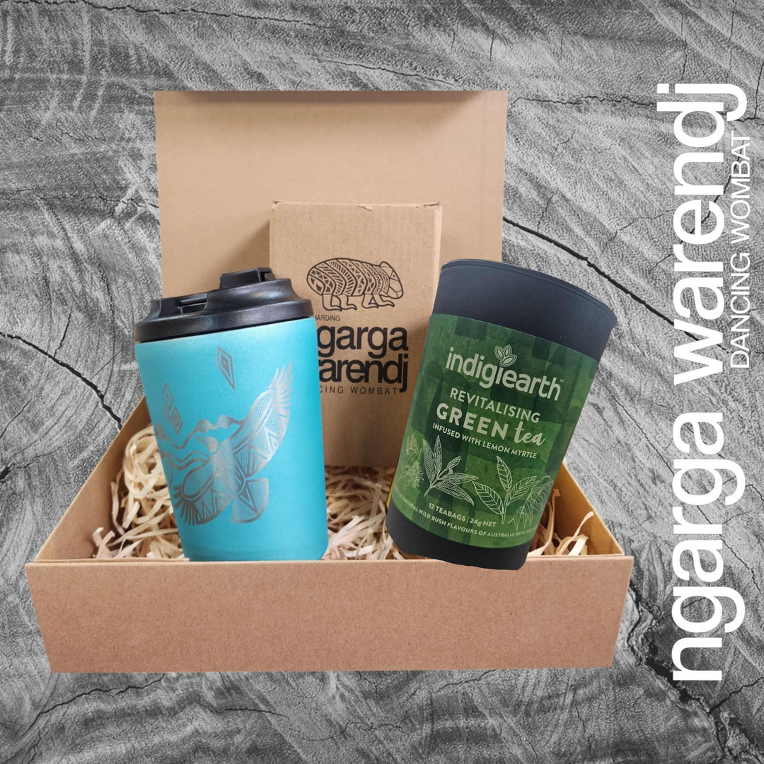 Ngarga Warendj Gift Box Indigiearth Tea and Bunjil and Waa Stainless Steel Keep Cup Hamper Pack