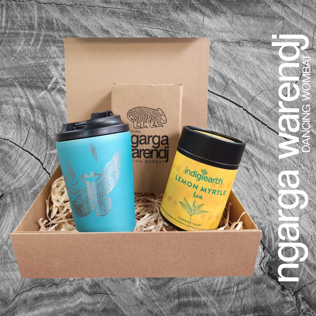 Ngarga Warendj Gift Box Indigiearth Tea and Bunjil and Waa Stainless Steel Keep Cup Hamper Pack