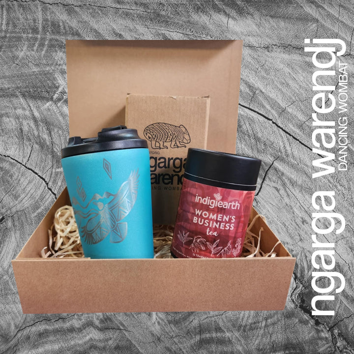Ngarga Warendj Gift Box Indigiearth Tea and Bunjil and Waa Stainless Steel Keep Cup Hamper Pack