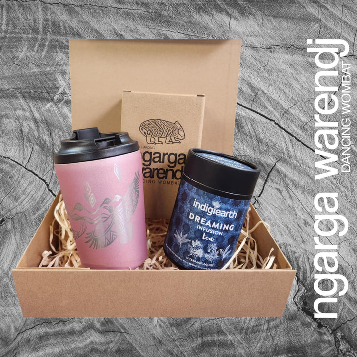 Ngarga Warendj Gift Box Indigiearth Tea and Bunjil and Waa Stainless Steel Keep Cup Hamper Pack