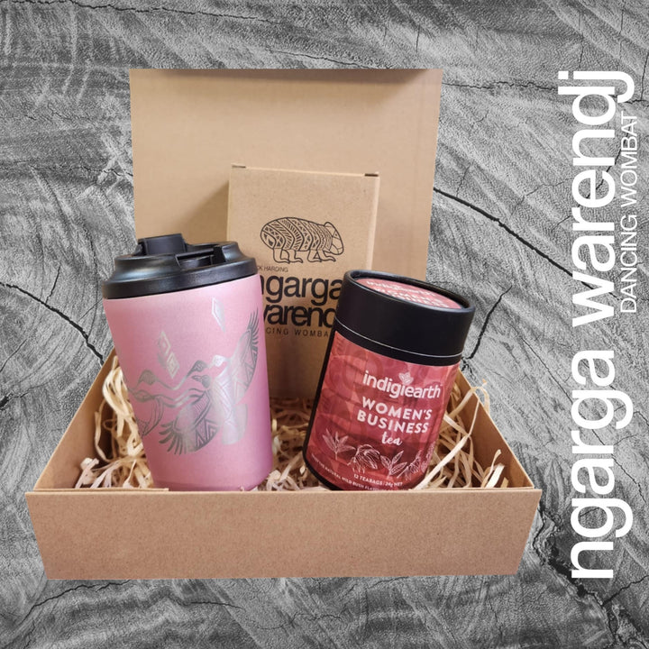Ngarga Warendj Gift Box Indigiearth Tea and Bunjil and Waa Stainless Steel Keep Cup Hamper Pack