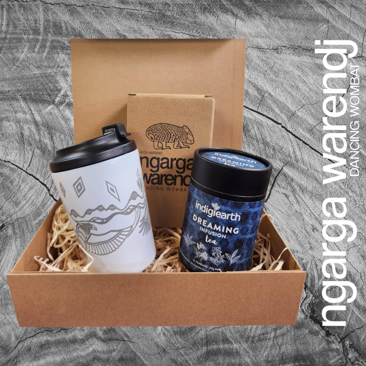 Ngarga Warendj Gift Box Indigiearth Tea and Bunjil and Waa Stainless Steel Keep Cup Hamper Pack