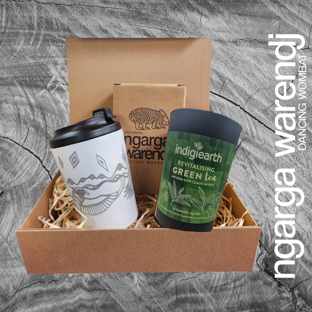 Ngarga Warendj Gift Box Indigiearth Tea and Bunjil and Waa Stainless Steel Keep Cup Hamper Pack