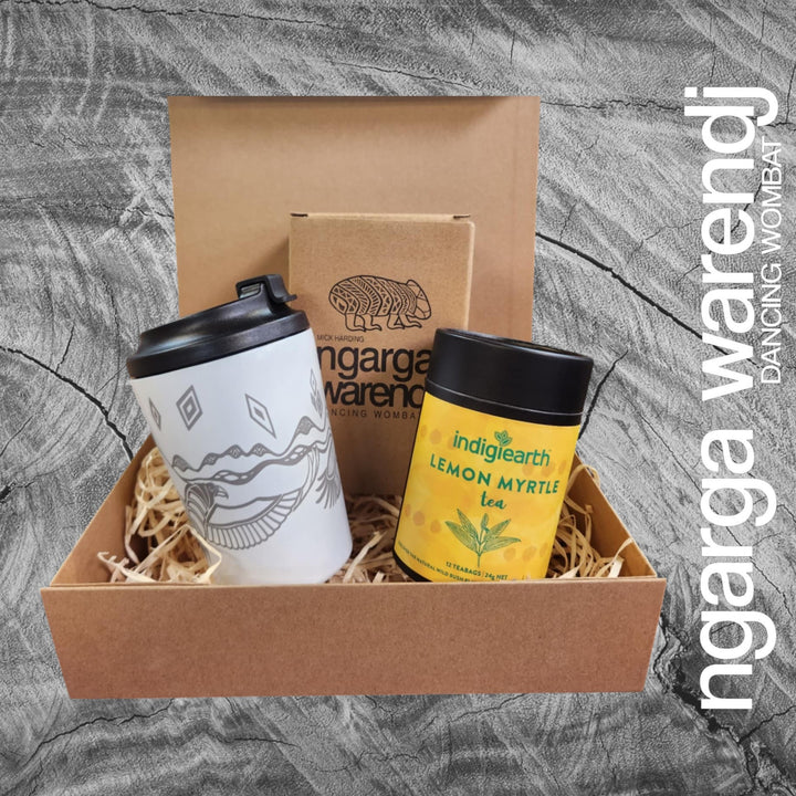 Ngarga Warendj Gift Box Indigiearth Tea and Bunjil and Waa Stainless Steel Keep Cup Hamper Pack