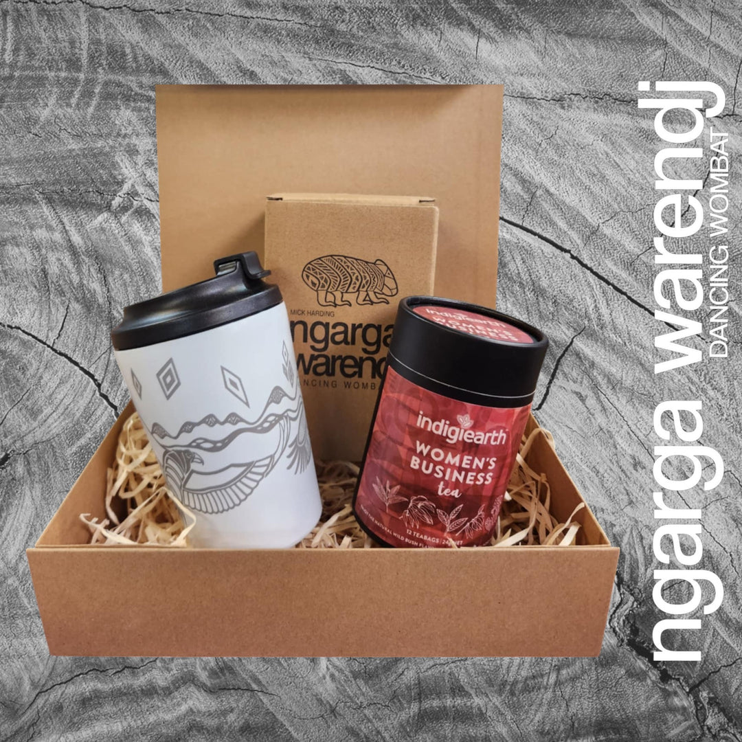 Ngarga Warendj Gift Box Indigiearth Tea and Bunjil and Waa Stainless Steel Keep Cup Hamper Pack