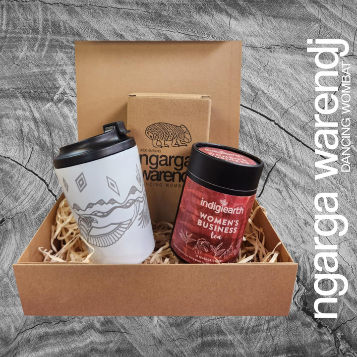 Ngarga Warendj Gift Box Indigiearth Tea and Bunjil and Waa Stainless Steel Keep Cup Hamper Pack