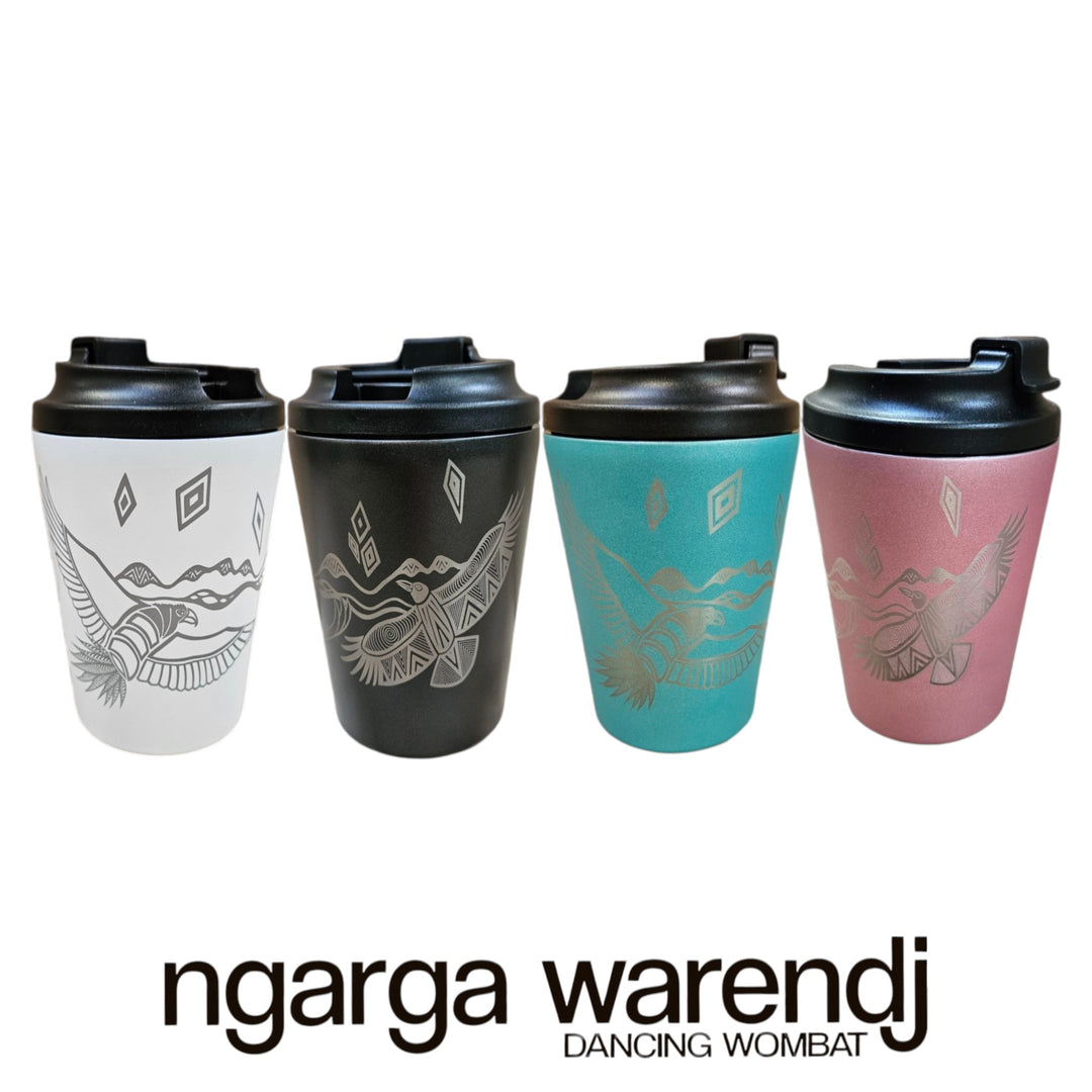 Four reusable cups with black lids, featuring different designs, on a white background with 'ngarga warendj' branding.