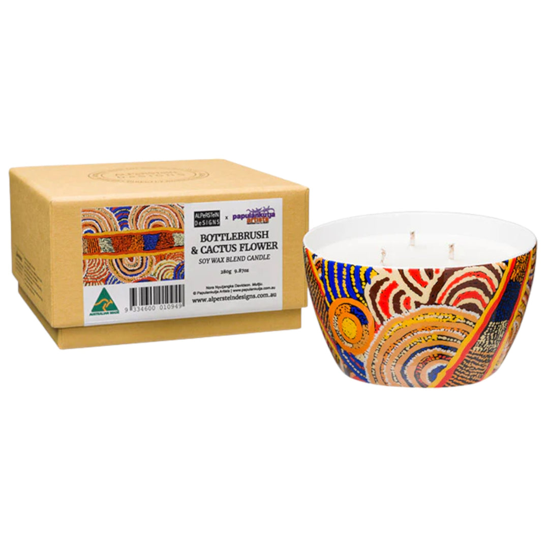 SOY CANDLE IN CERAMIC BOWL TRIPLE WICK  - ASSORTED ABORIGINAL ART DESIGNS