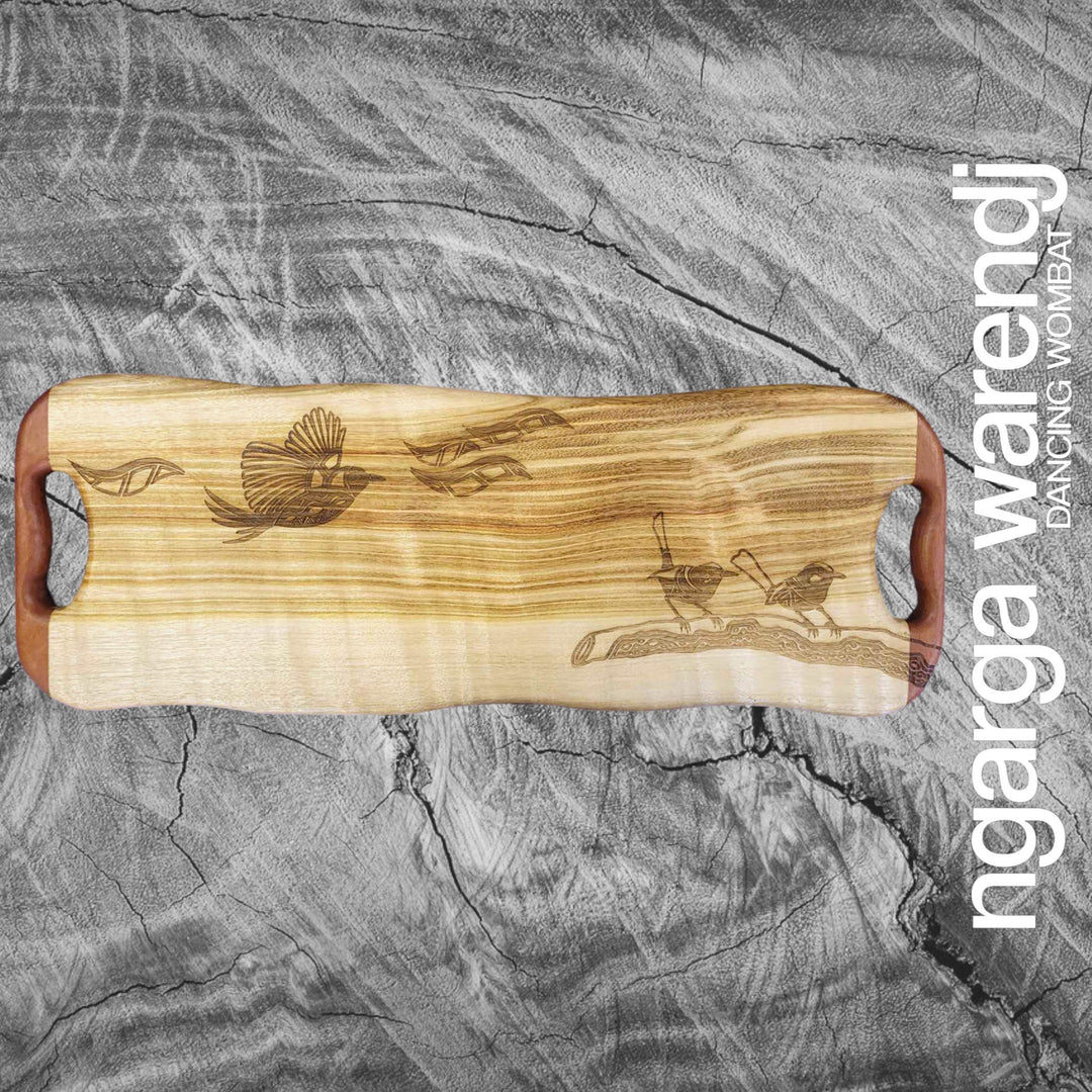 CAMPHOR LAUREL LONG THIN BOARD WITH REDGUM HANDLES - ASSORTED DESIGNS