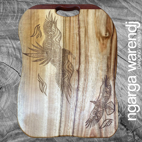CAMPHOR LAUREL & REDGUM BOARD WITH ONE HANDLE - BUNJIL THE WEDGE TAILED EAGLE & WAA THE CROW DESIGN