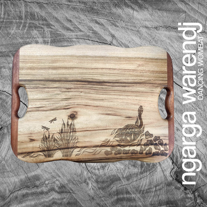 CAMPHOR LAUREL & REDGUM MEDIUM RECTANGLE BOARD WITH HANDLES - ASSORTED DESIGNS