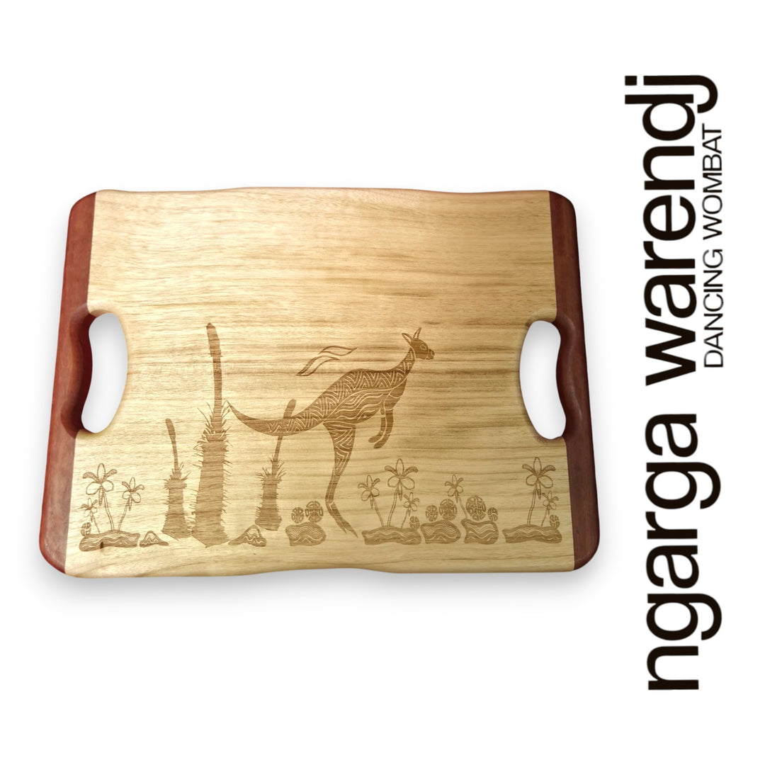 CAMPHOR LAUREL & REDGUM SMALL RECTANGLE BOARD WITH HANDLES - ASSORTED DESIGNS