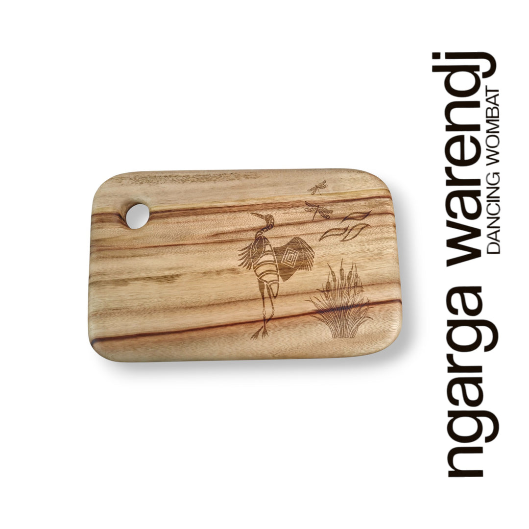 Wooden cutting board with laser engraving of a kangaroo design on a white background, featuring the brand 'ngarga warendj'.