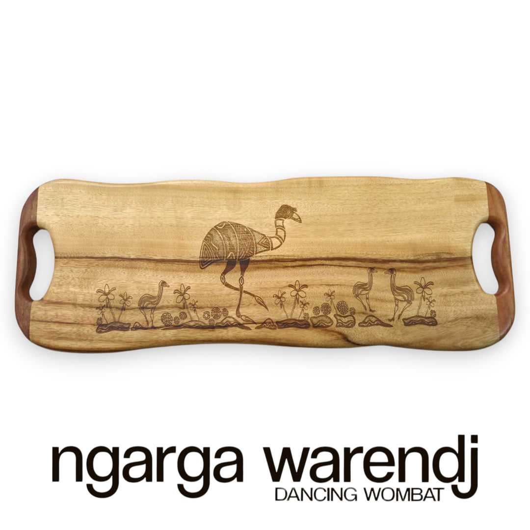 Wooden serving board with engraved design of emus, branded 'ngarga warendj'.