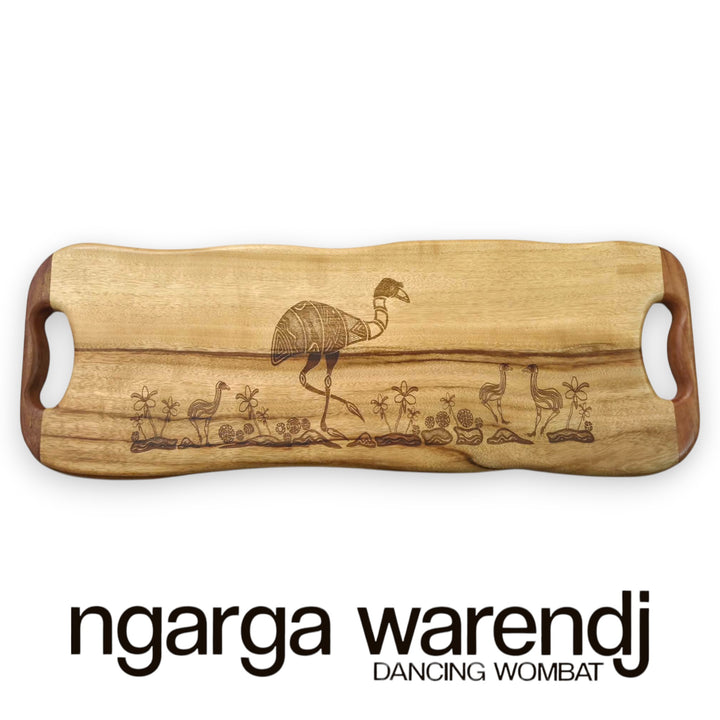 Wooden serving board with engraved design of emus, branded 'ngarga warendj'.
