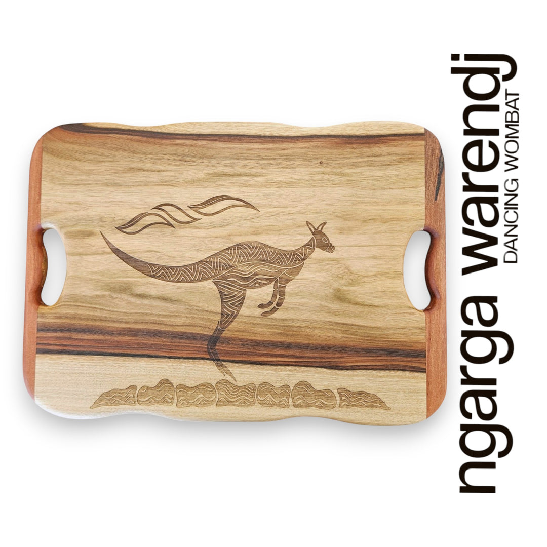 CAMPHOR LAUREL & REDGUM MEDIUM RECTANGLE BOARD WITH HANDLES - ASSORTED DESIGNS