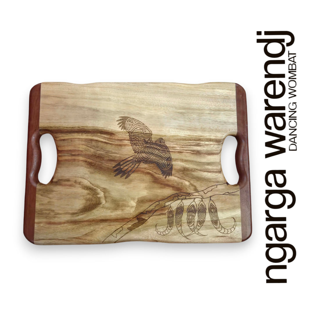 CAMPHOR LAUREL & REDGUM SMALL RECTANGLE BOARD WITH HANDLES - ASSORTED DESIGNS