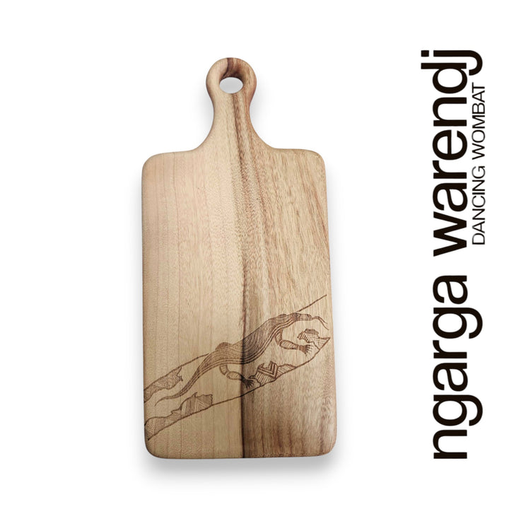 Wooden cutting board with laser engraving of a kangaroo design on a white background, featuring the brand 'ngarga warendj'.