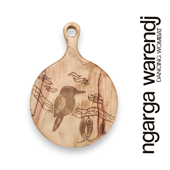 Wooden cutting board with engraved design on a white background, featuring the brand 'ngarga warendj'.