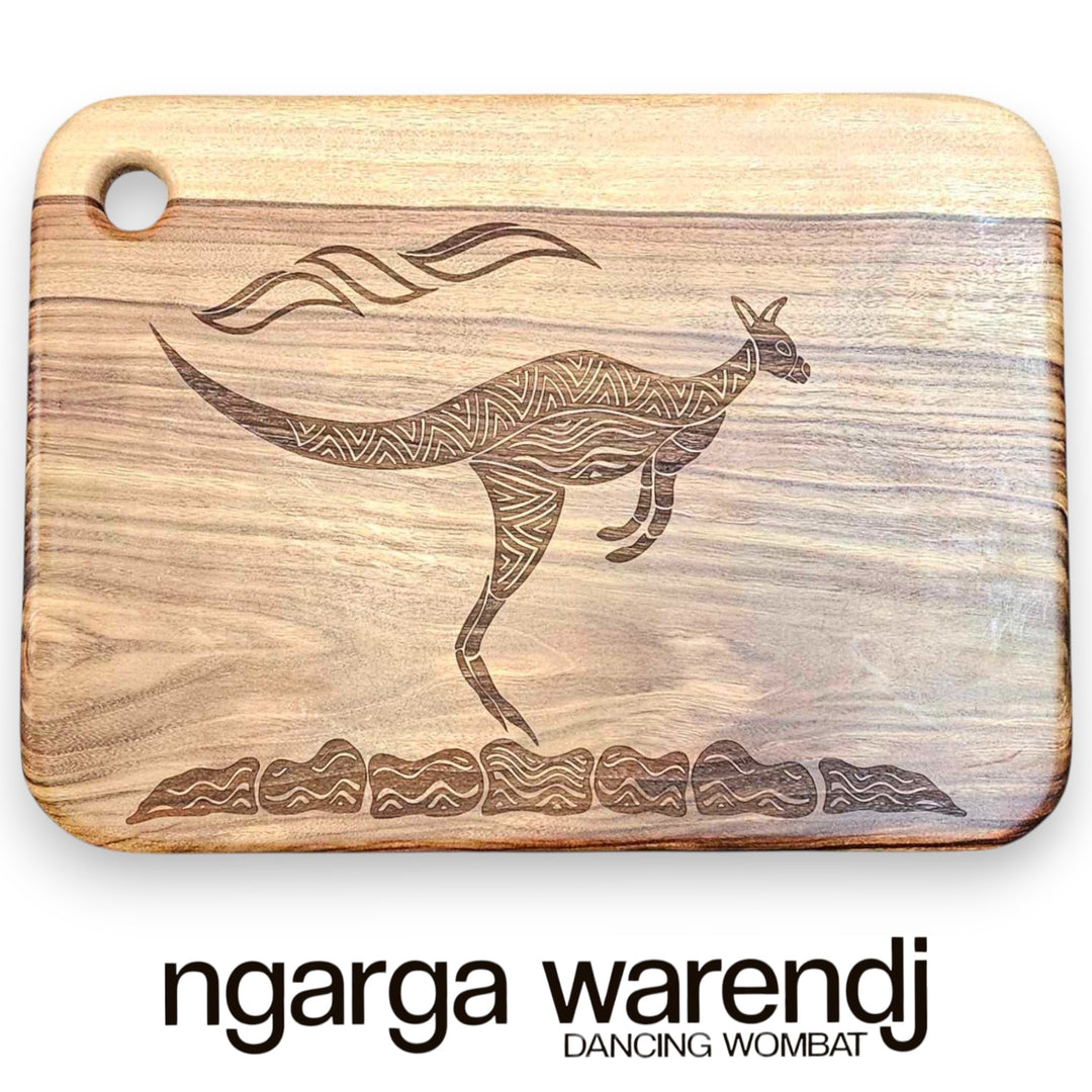 Wooden cutting board with kangaroo design and 'ngarga warendj' branding