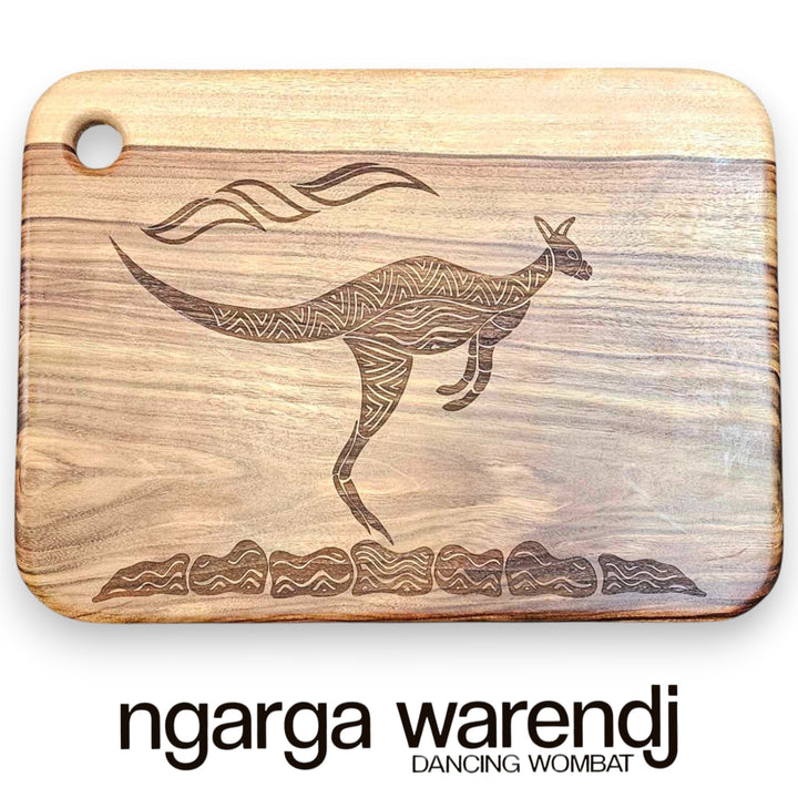Wooden cutting board with kangaroo design and 'ngarga warendj' branding