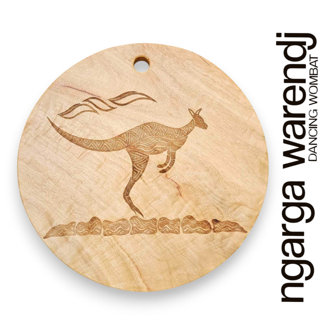 Wooden ornament with kangaroo design and 'ngarga warendj' branding on a white background