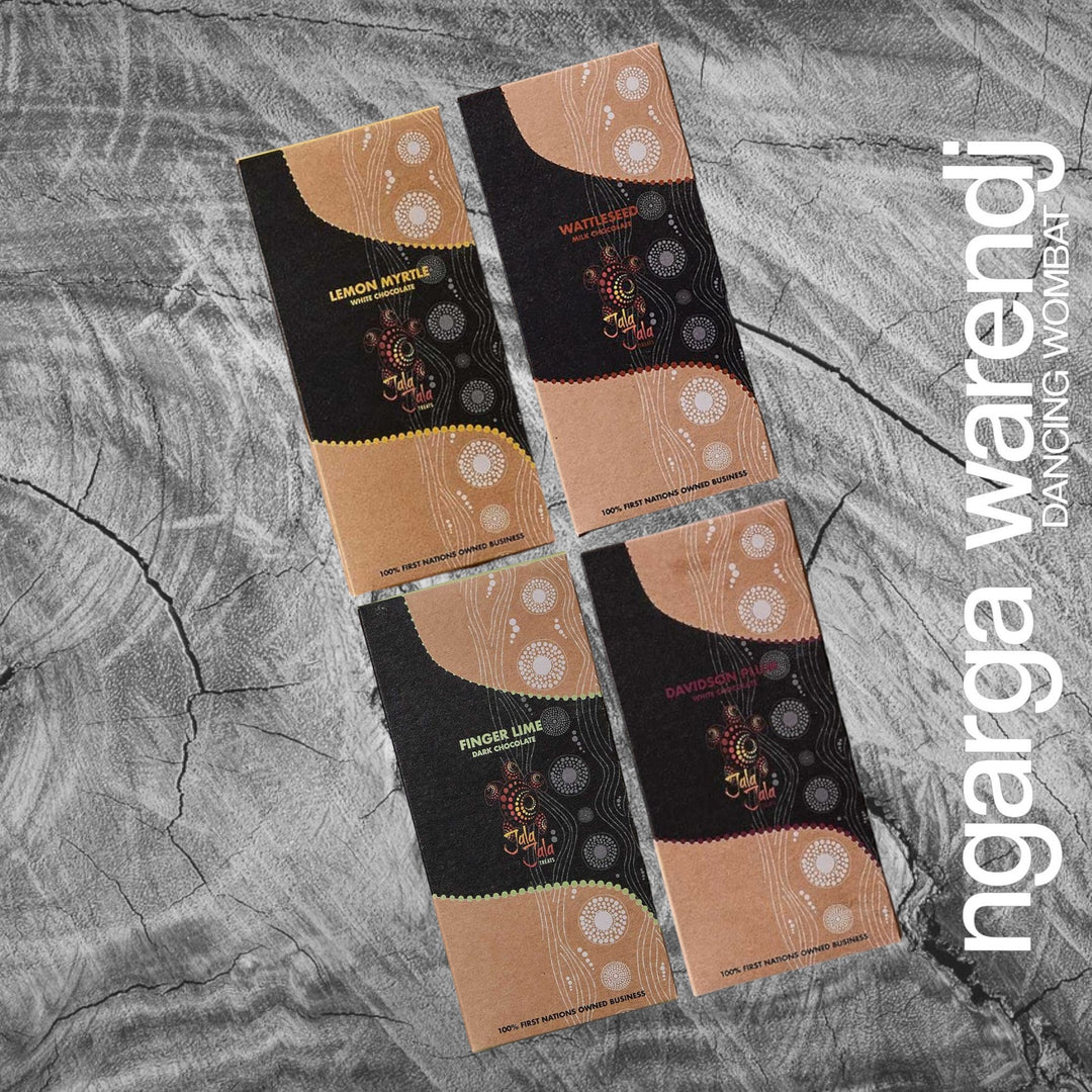 Ngarga Warendj Writers Gift Box Hamper - Rectangle Pen Set, Journal, Jala Jala Chocolate, Art Card