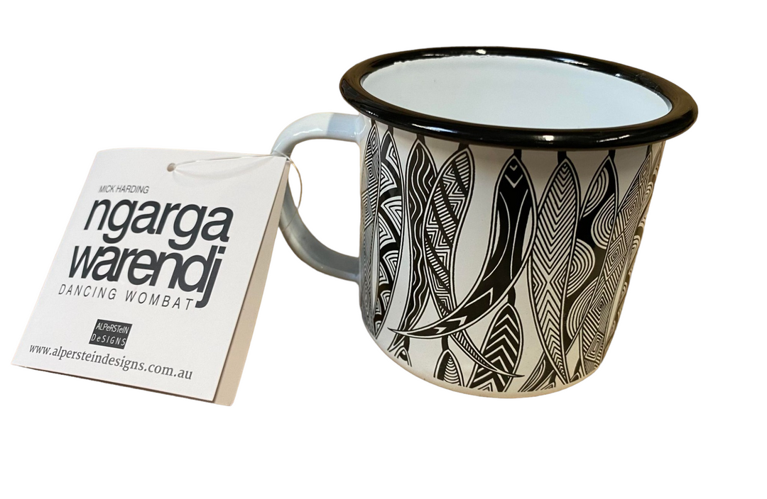 NGARGA WARENDJ DANCING WOMBAT ENAMEL MUG GUM LEAVES